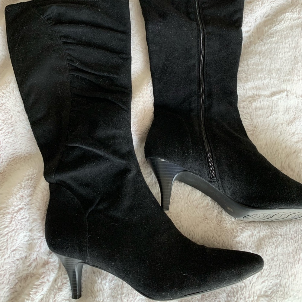 Black faux suede kitten heel tall boots